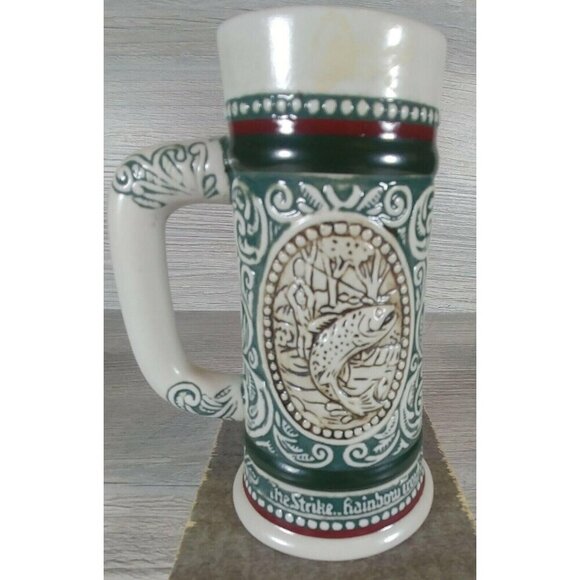 Avon Vintage Ceramic Beer Stein With Fishing & Hunting Motifs Brazil Green White - Picture 1 of 11